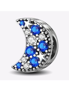 925 Blue CZ Crescent Moon Star Charm -NEW